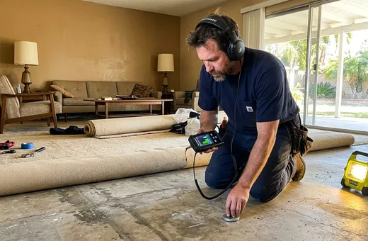 Plumber in headphones holding an acoustic leak detector over a slab floor with the carpet rolled back