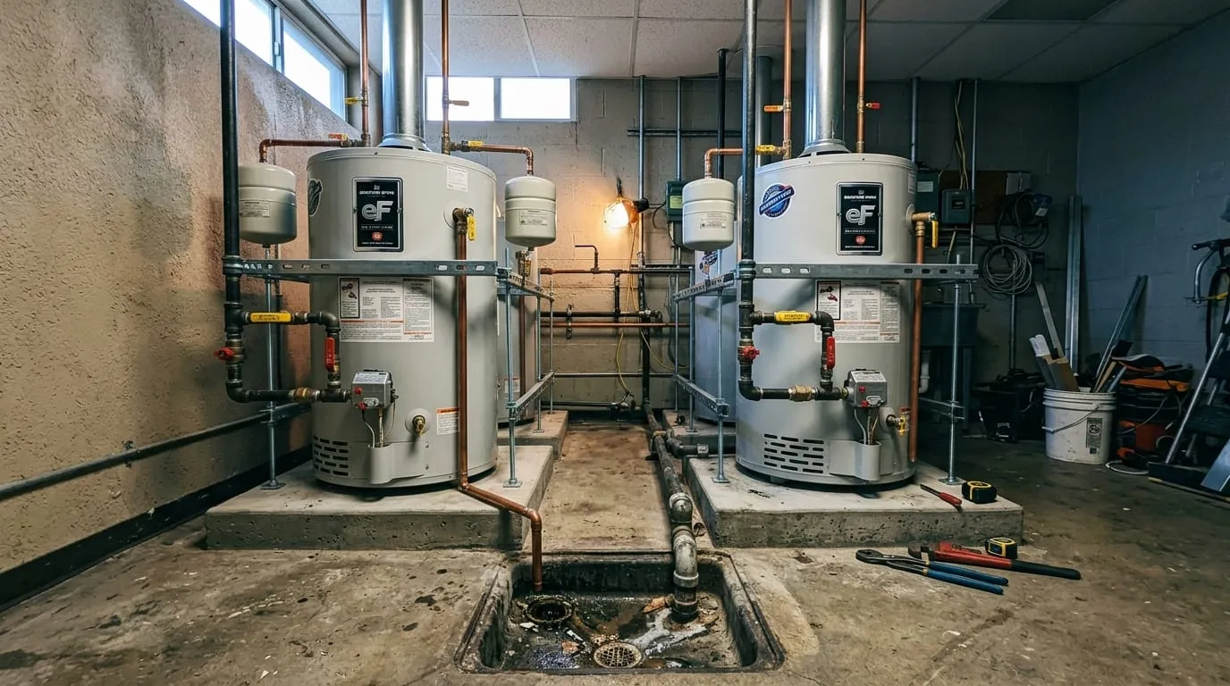 Two commercial water heaters side by side in a mechanical room with copper piping
