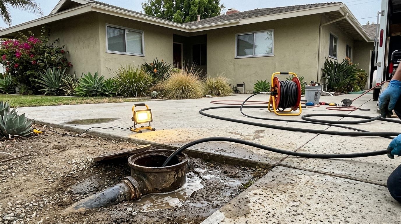 Hydro jetter hose reel and a work light beside an open sewer cleanout in front of a stucco ranch house