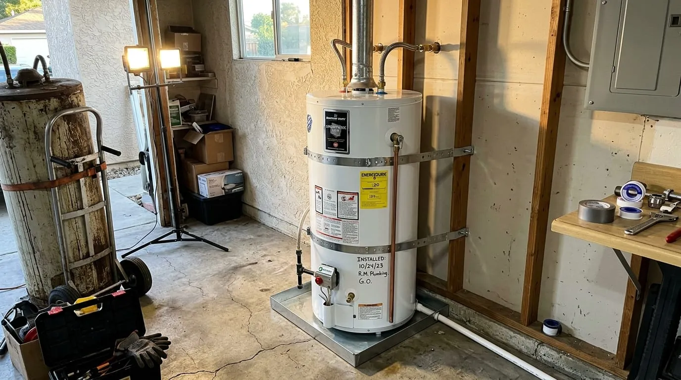 Gas tank water heater held by two seismic straps in the corner of a garage