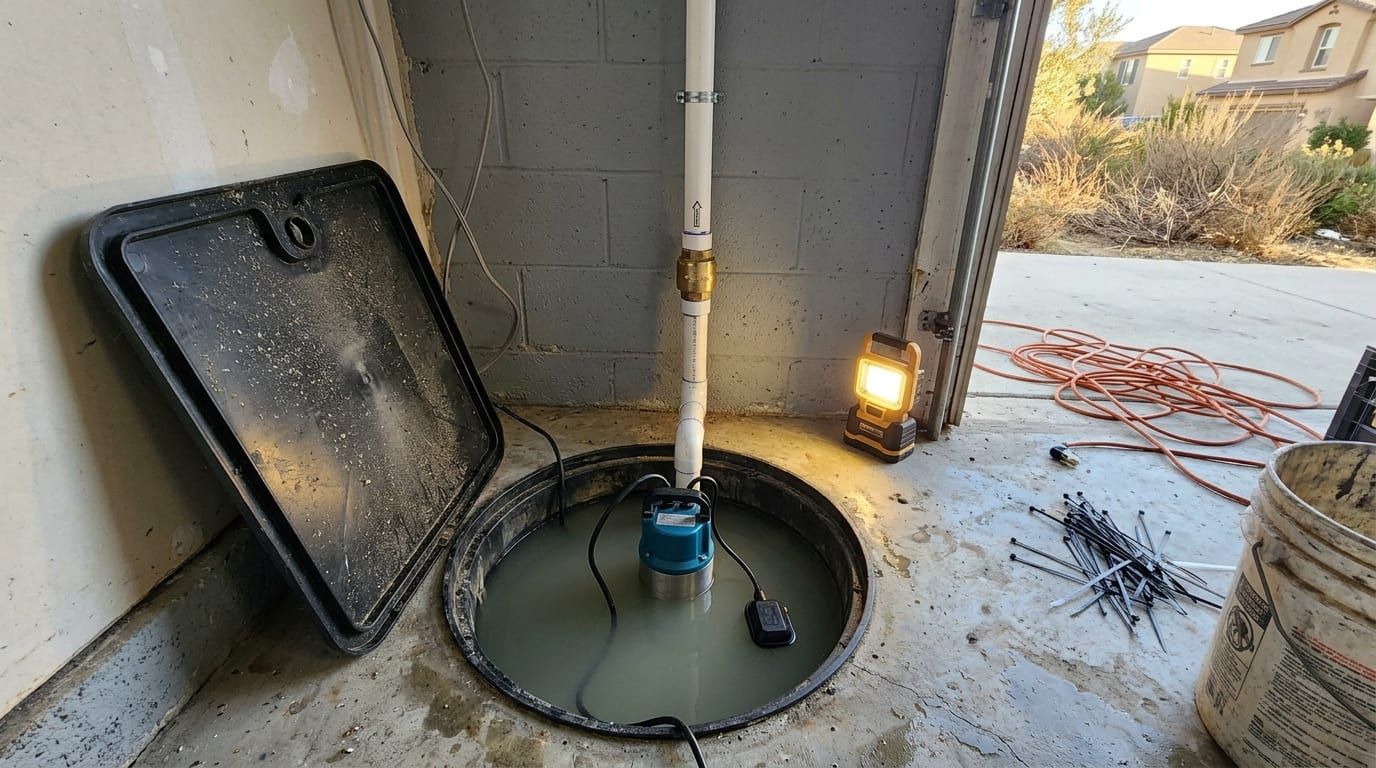 Submersible sump pump in a concrete basin with its cover set aside and a work light on the floor