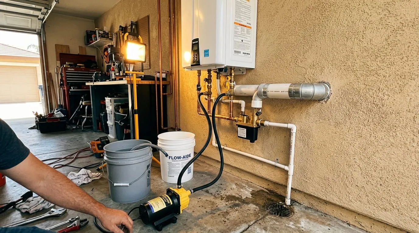 Wall-mounted tankless water heater with gas and water lines and a service valve kit in a garage